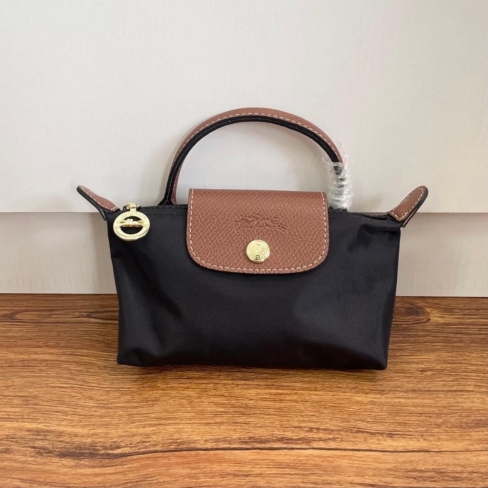 Longchamp Black Mini Top-Handle Bag with Brown Trim - Picture 2 of 10